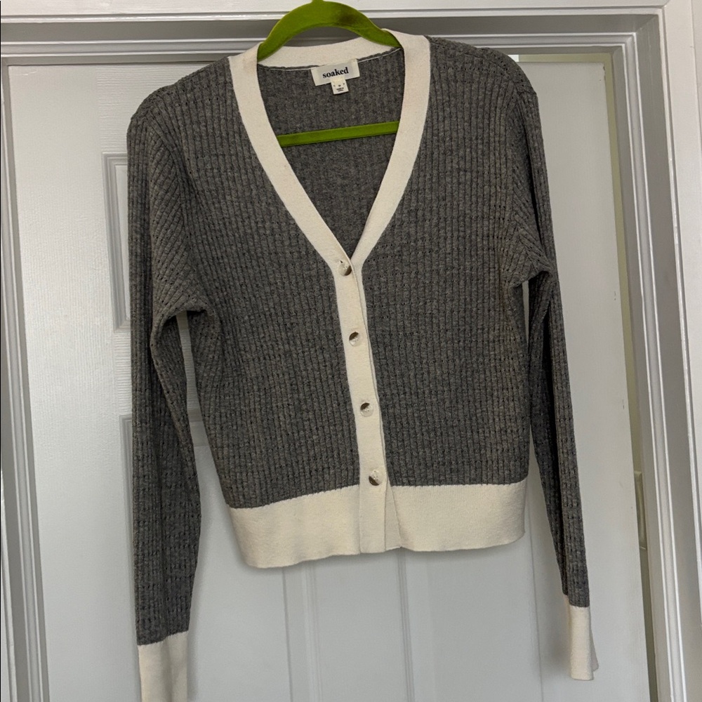 Gray and White Ribbed Cardigan